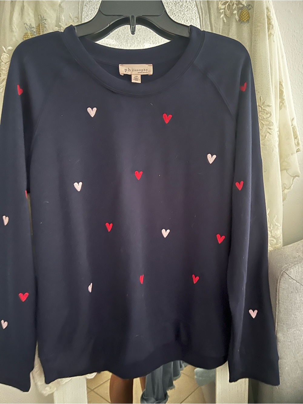 Philosophy Navy Sweatshirt with Red and Light Pink Heart Embroideries
